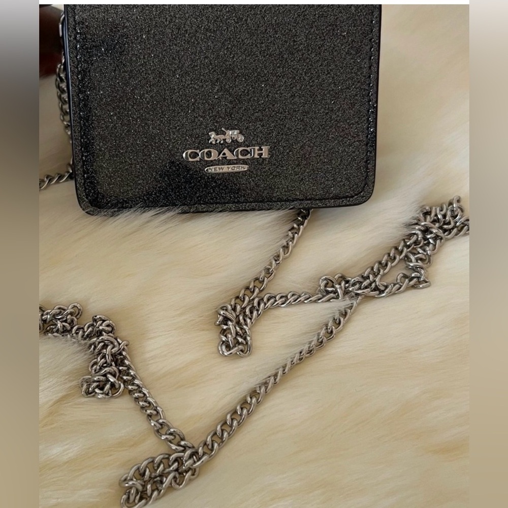 Coach Black Glitter Leather Mini Chain Crossbody / Card Holder | Authentic - Picture 2 of 15